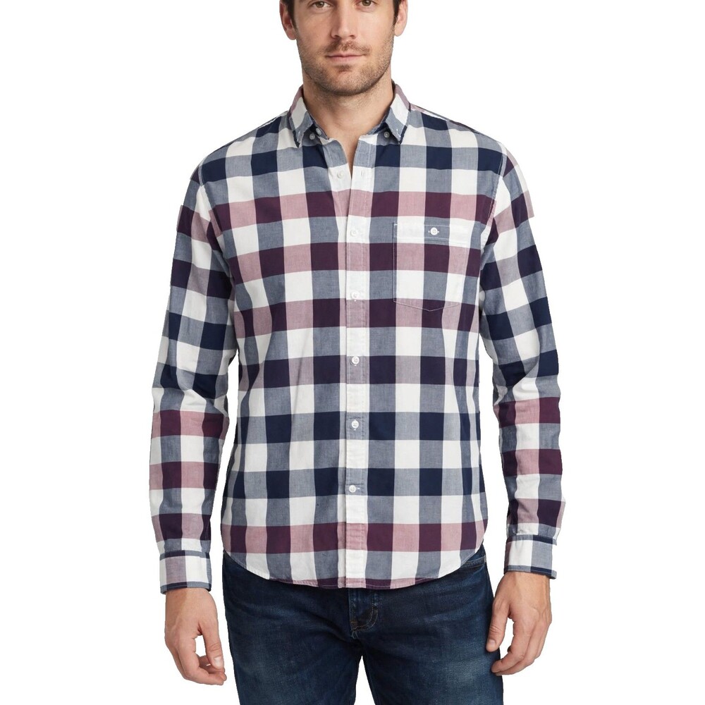 Mens Express Shirt XL 17-17.5 Plaid Button Down Buffalo Check Navy Burgundy